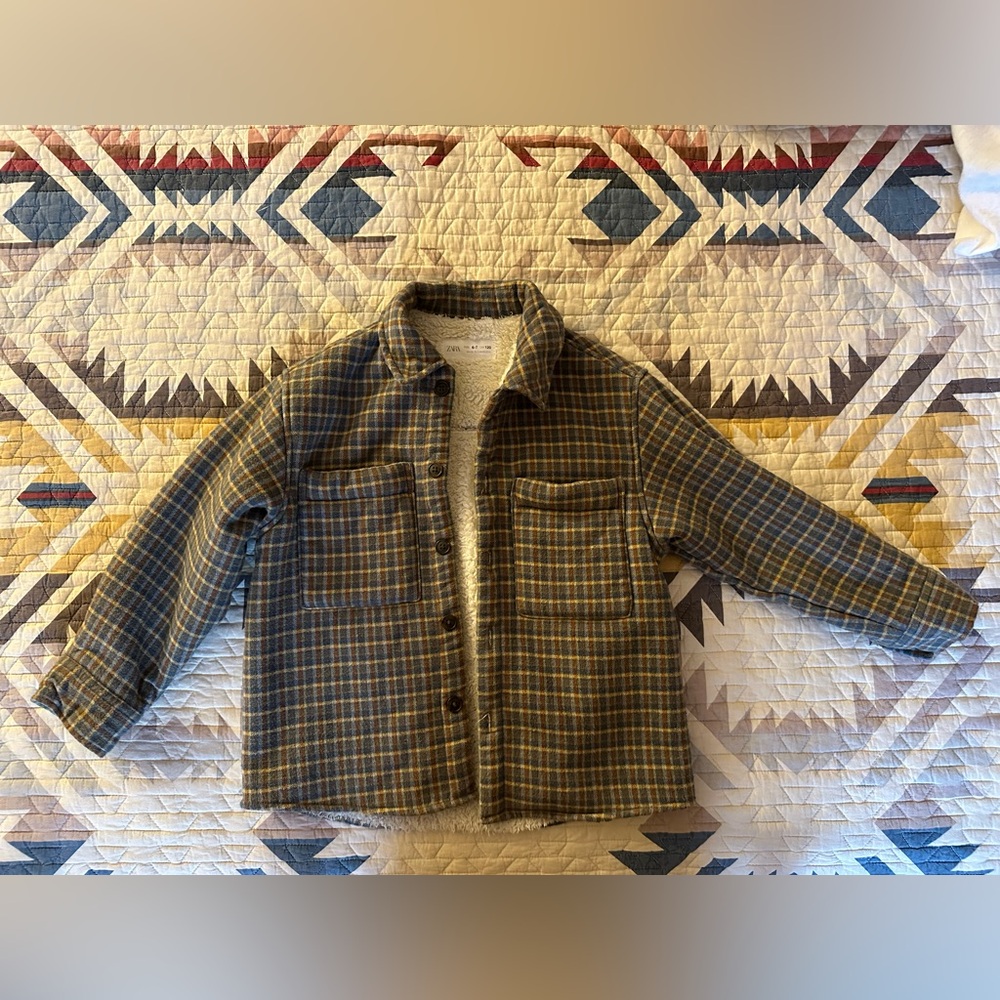 Boys Zara Blue and Brown Plaid Sherpa-Lined Jacket